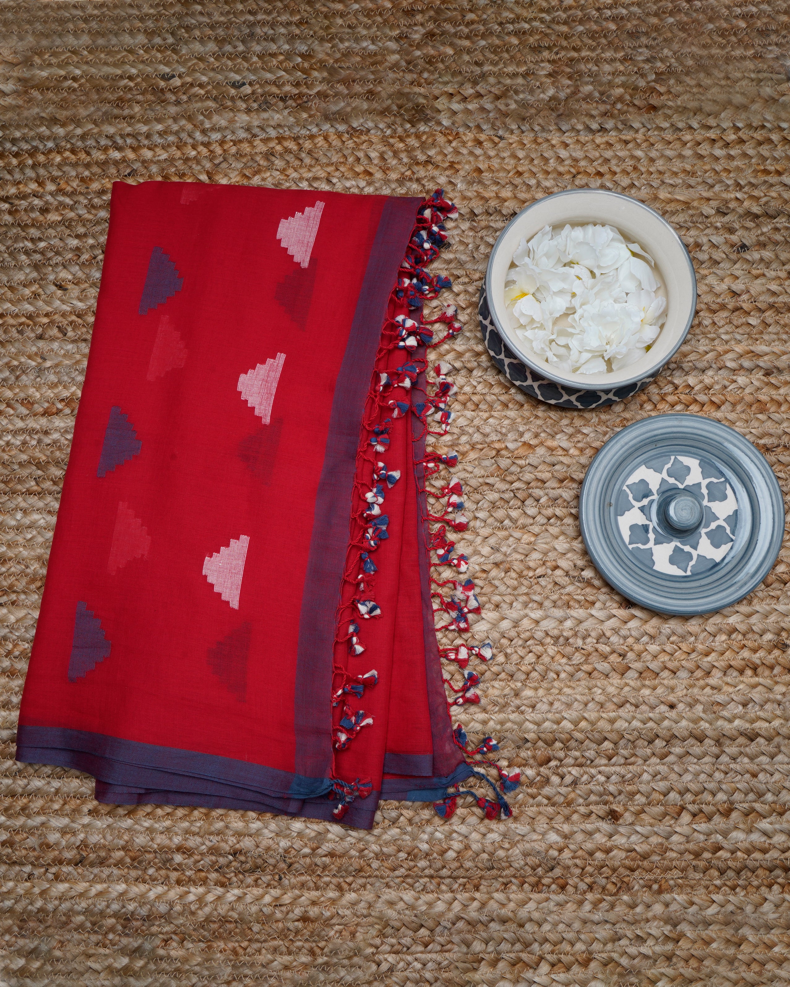 Red Color Handwoven Jamdani Cotton Dupatta with Tassels