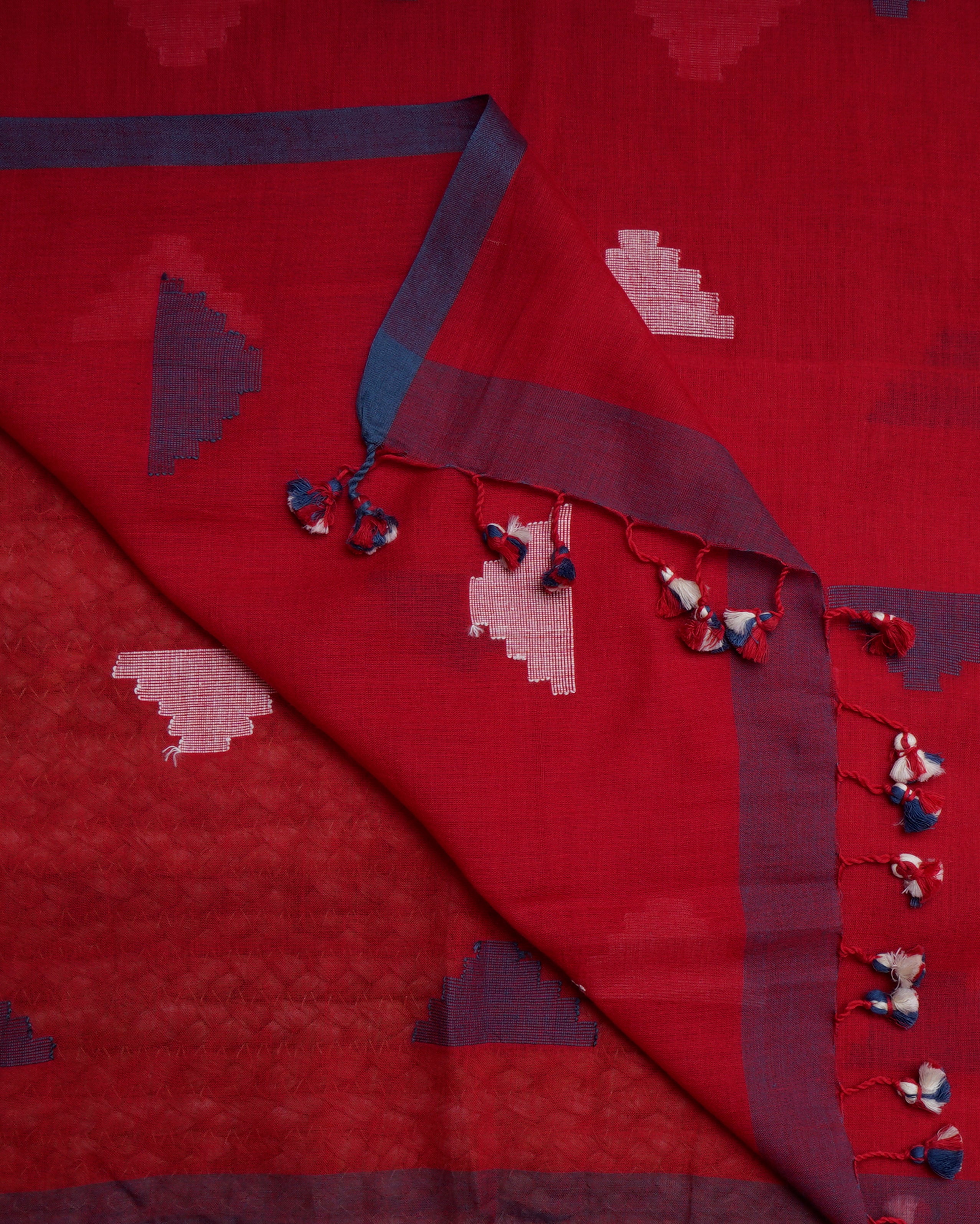 Red Color Handwoven Jamdani Cotton Dupatta with Tassels