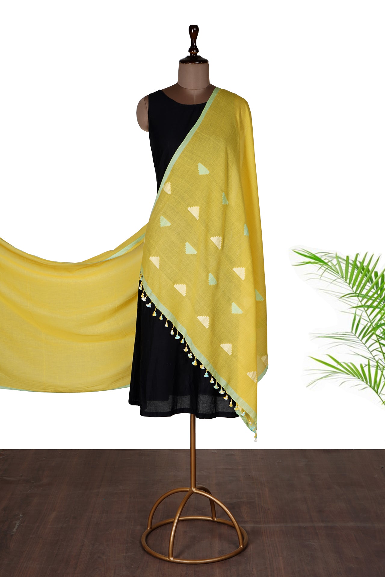 Yellow Color Handwoven Jamdani Cotton Dupatta with Tassels