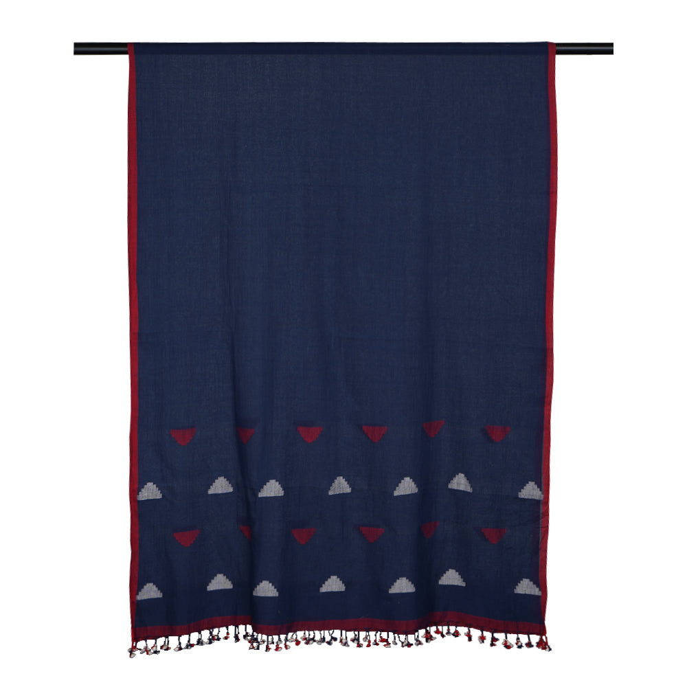 Navy Blue Color Handwoven Jamdani Cotton Dupatta with Tassels