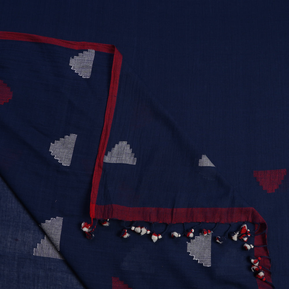 Navy Blue Color Handwoven Jamdani Cotton Dupatta with Tassels