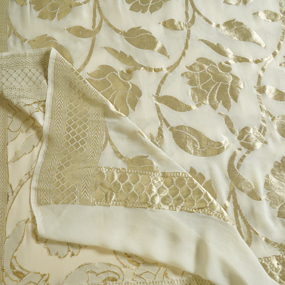 White-Golden Color Banarasi Georgette Silk Dupatta