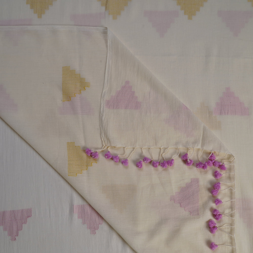Cream Color Handwoven Jamdani Cotton Dupatta with Tassels