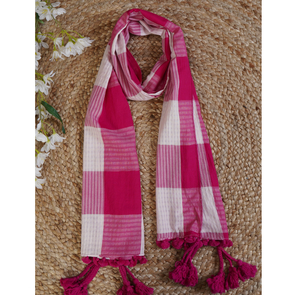 Pink Color Handwoven Pure Cotton Stole with Tassels