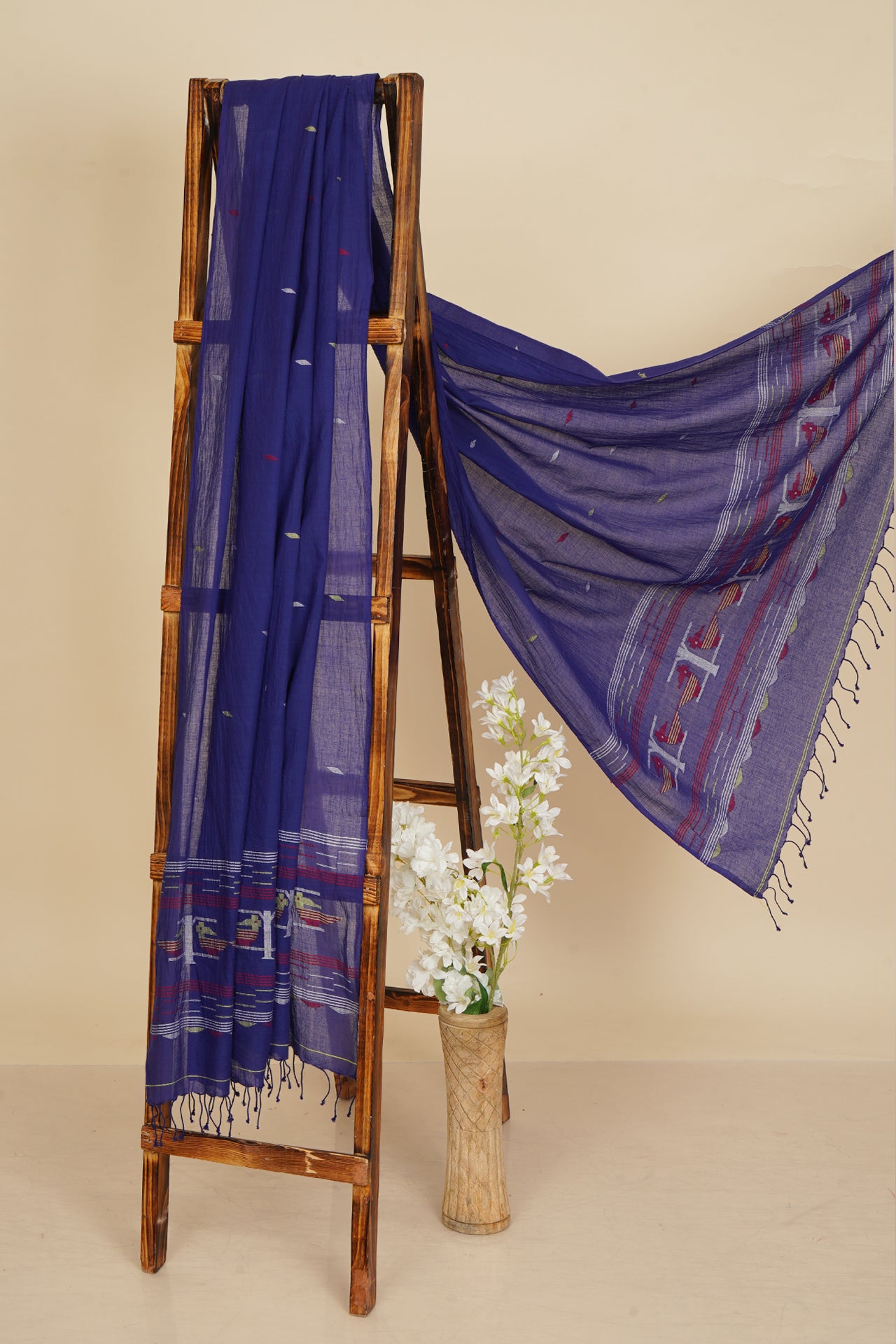 Blue Color Handwoven Jamdani Cotton Dupatta with Tassels