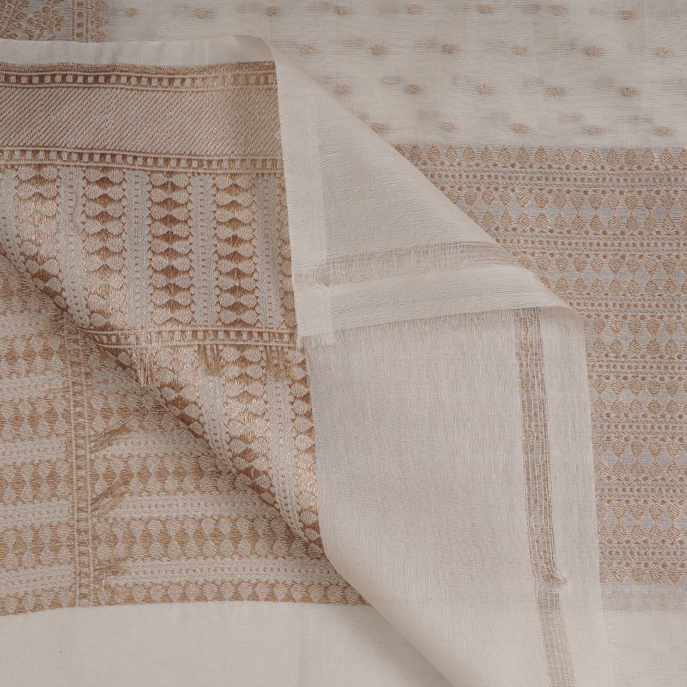 Off White-Golden Color Handwoven Pure Cotton Dupatta With Zari Border