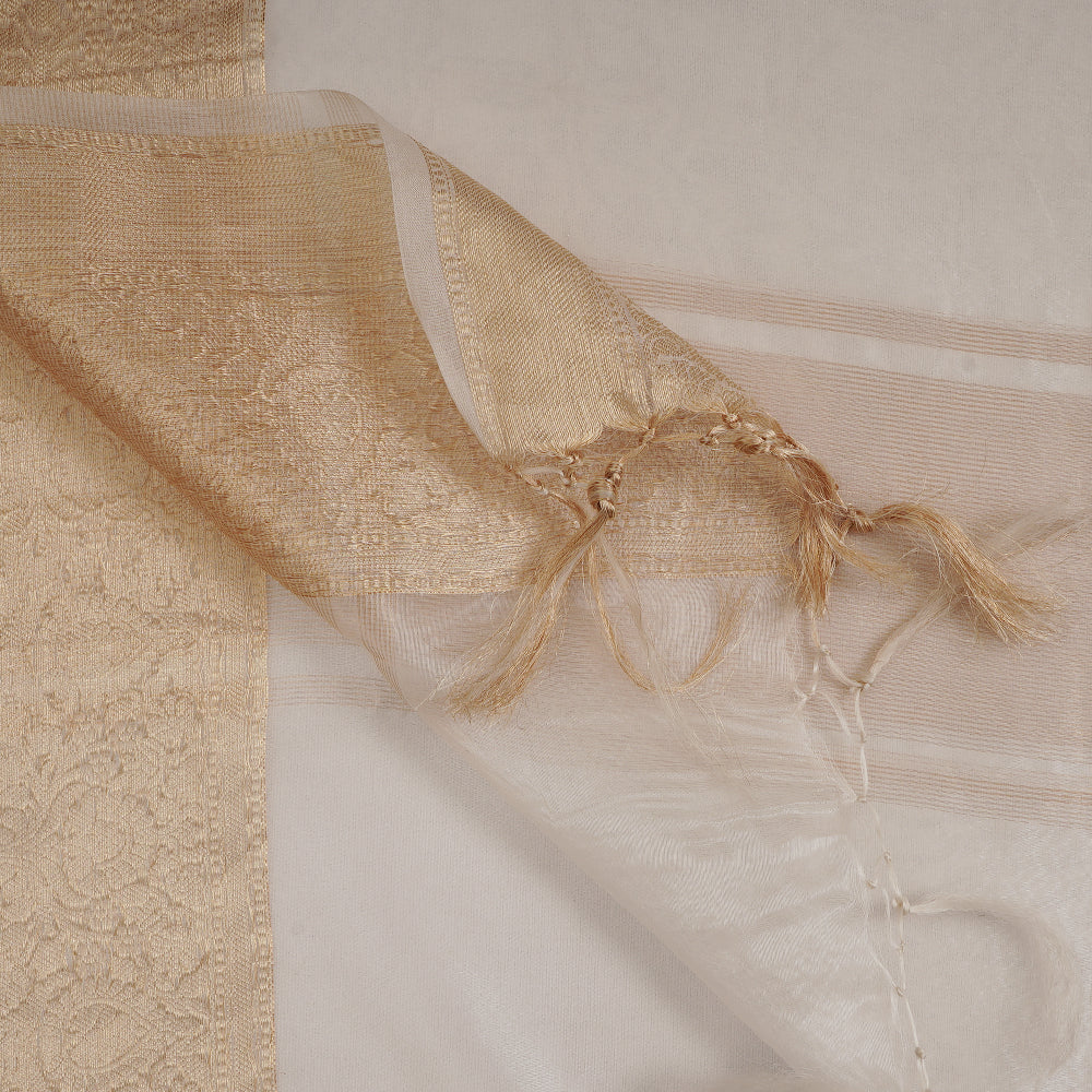 Off White Color Handwoven Pure Organza Silk Dupatta With Zari Border And Tassels