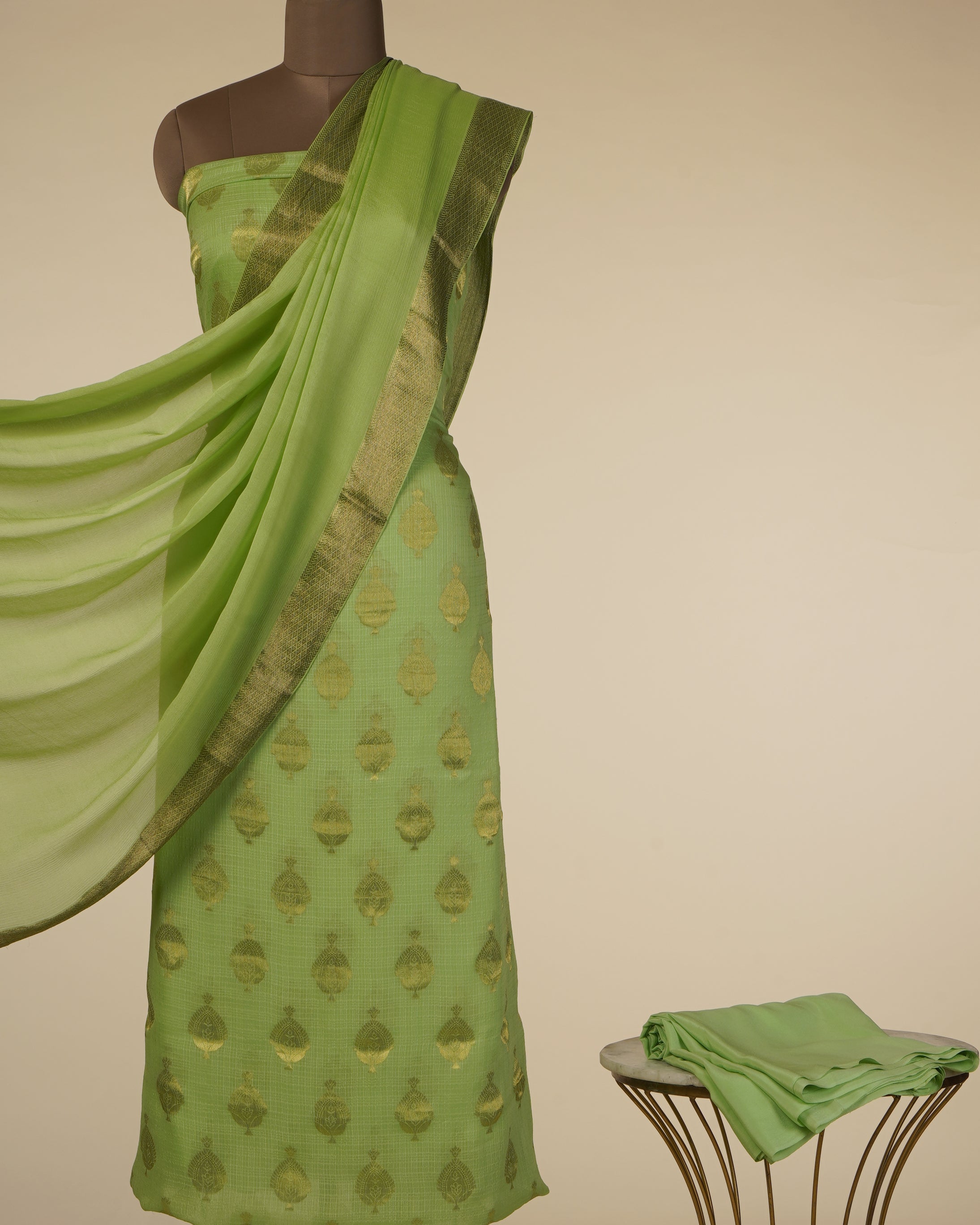 Green Color Handwoven Brocade Crepe Silk Unstitched Suit Set