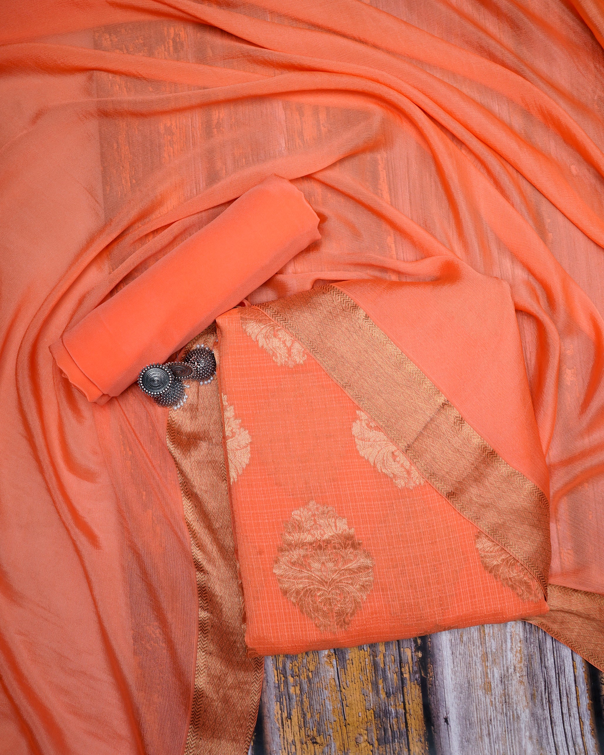 Orange Color Handwoven Brocade Crepe Silk Unstitched Suit Set