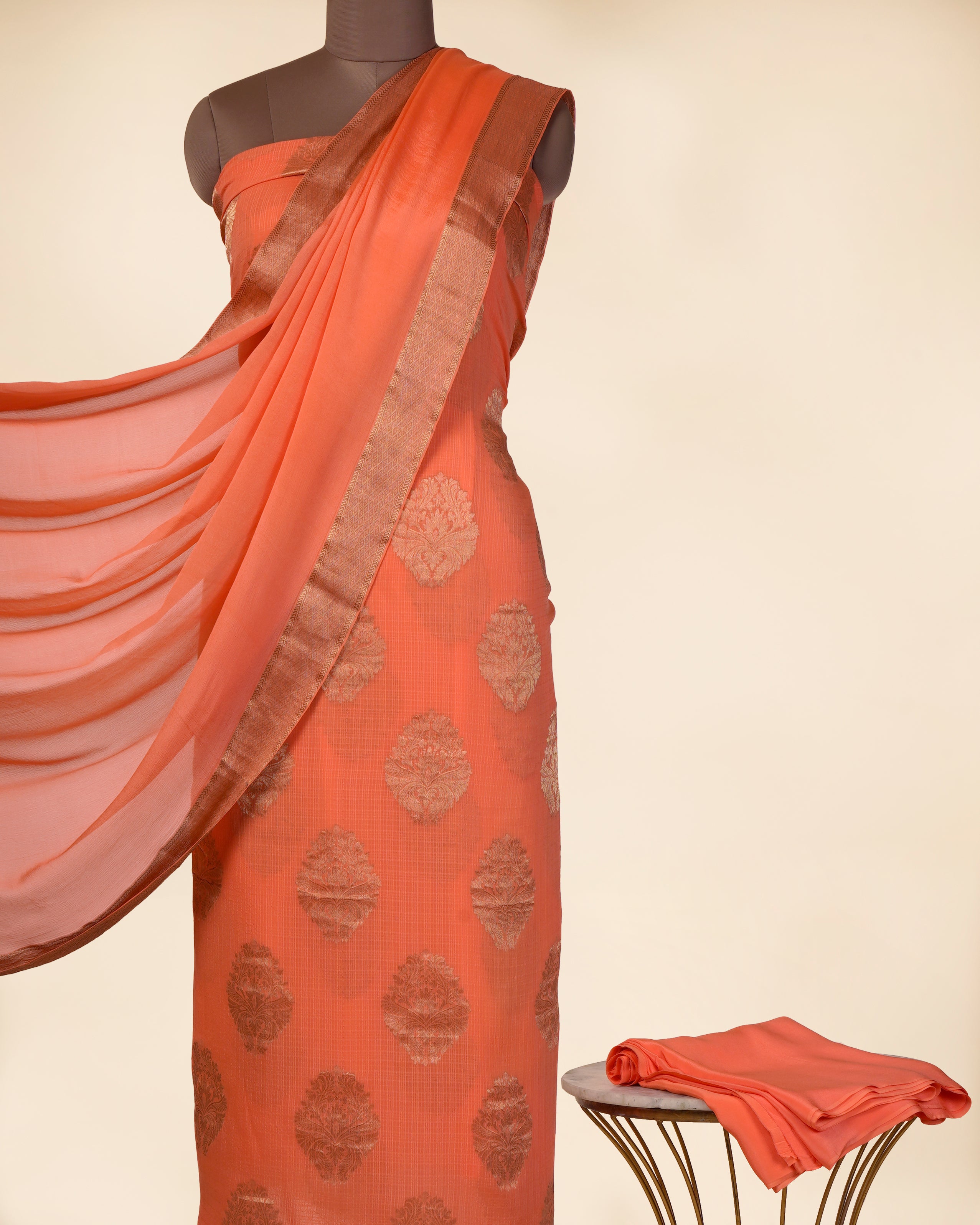 Orange Color Handwoven Brocade Crepe Silk Unstitched Suit Set