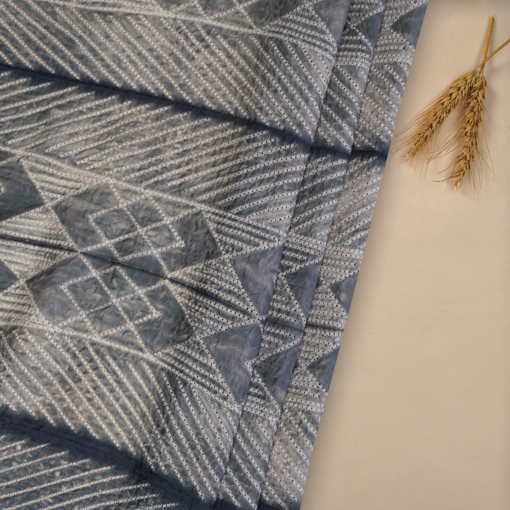 (Pre Cut 2.85 Mtr Piece) Grey-Navy Blue Color Handcrafted Shibori Mulberry Silk Fabric