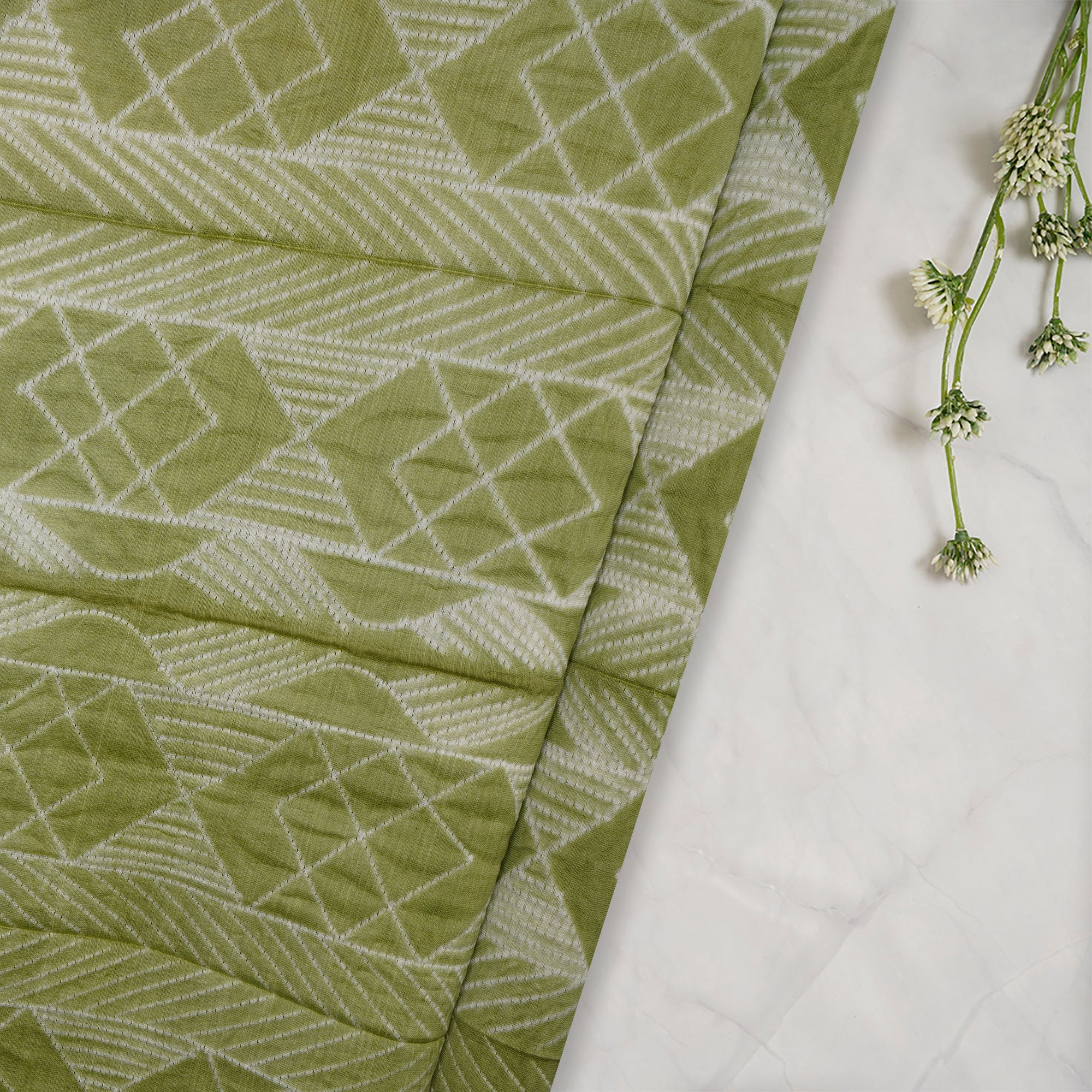 (Pre-Cut 2.60 Mtr) Light Green Handcrafted Shibori Pure Chanderi Fabric