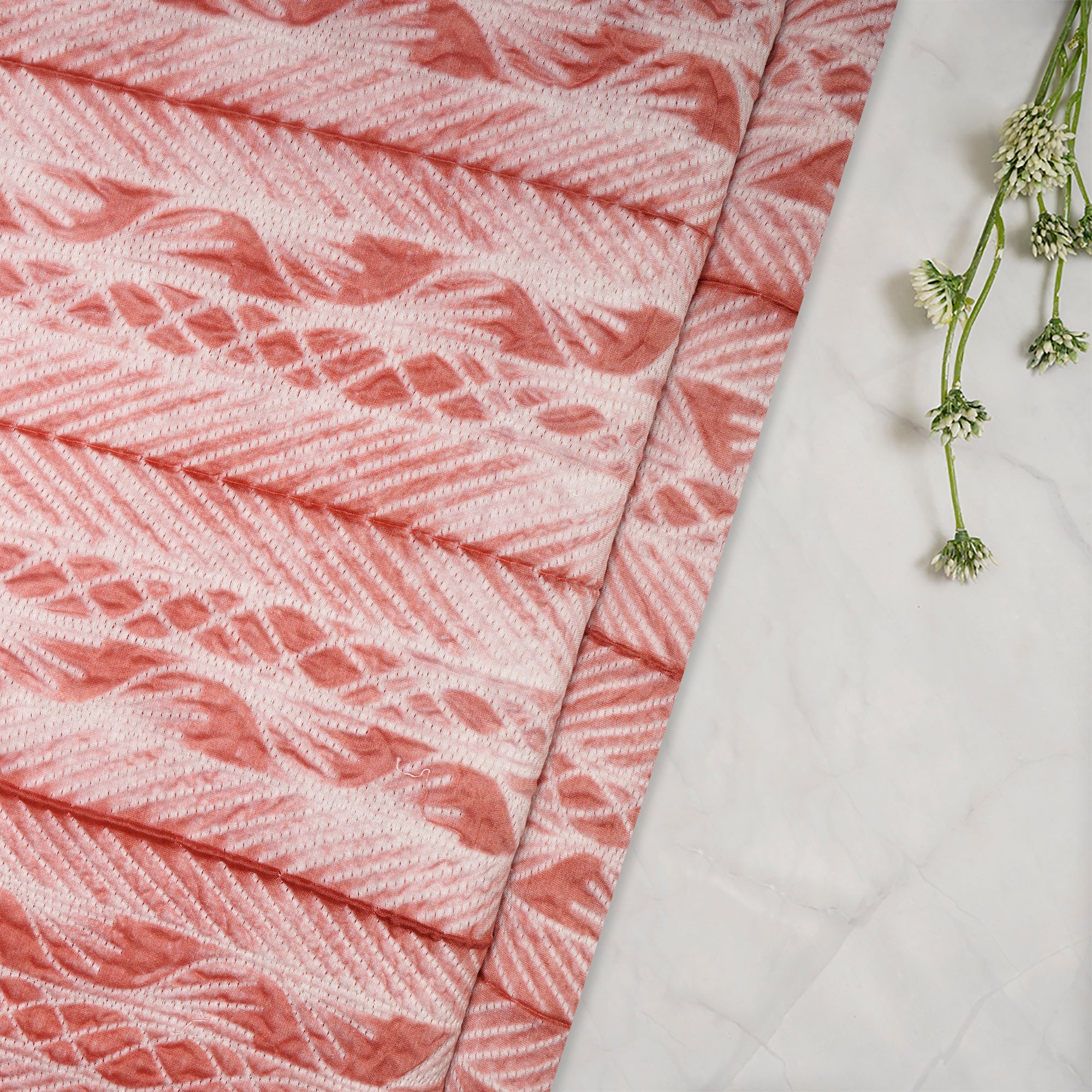 (Pre-Cut 2.65 Mtr) Coral Handcrafted Shibori Pure Chanderi Fabric