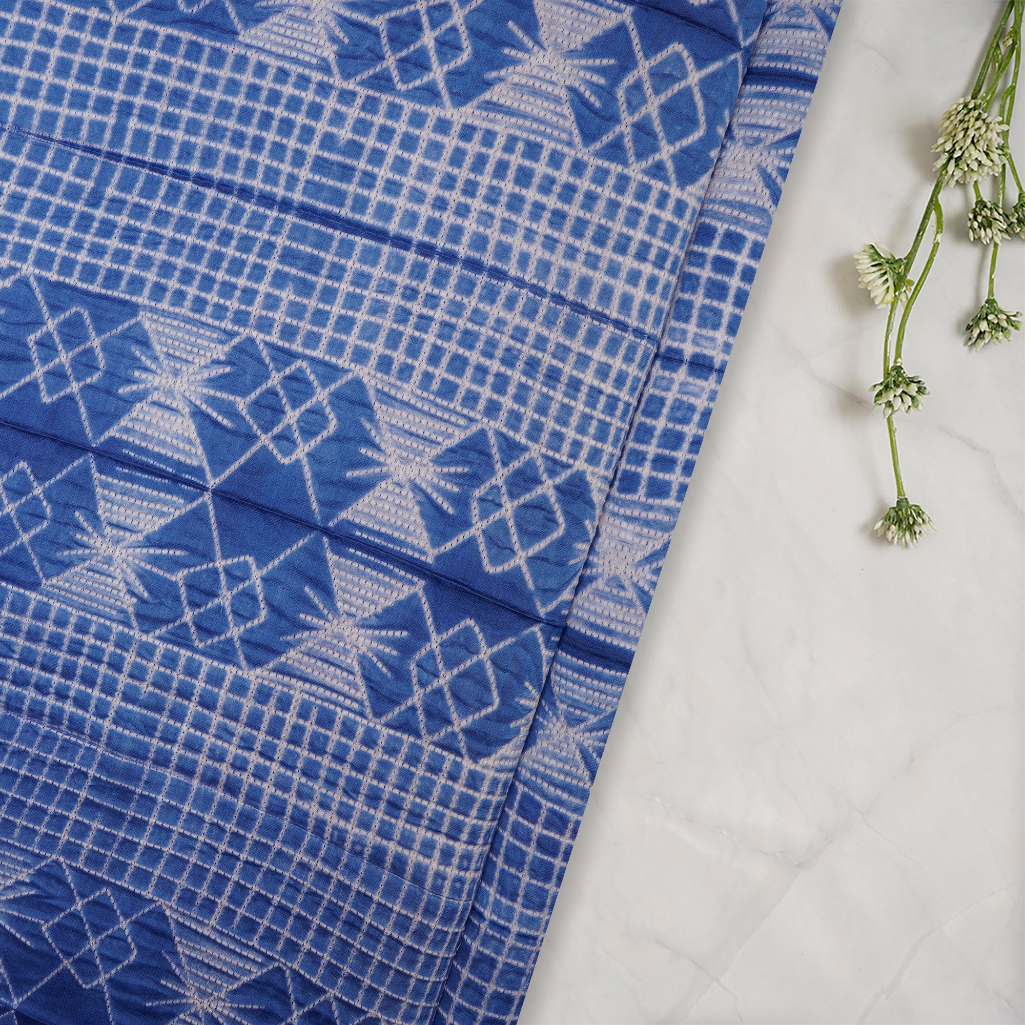 (Pre-Cut 2.60 Mtr) Cerulean Blue Handcrafted Shibori Pure Chanderi Fabric