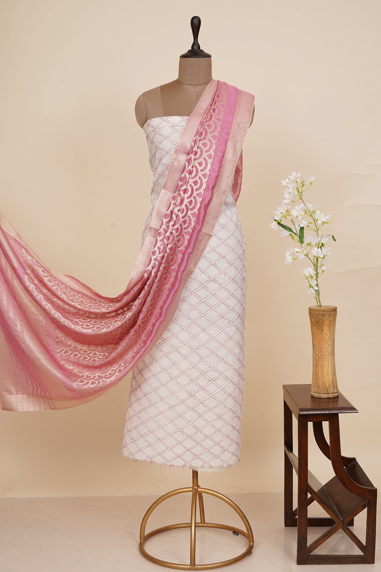 White-Pink Color Embroidered Chanderi Suit With Banarasi Dupatta
