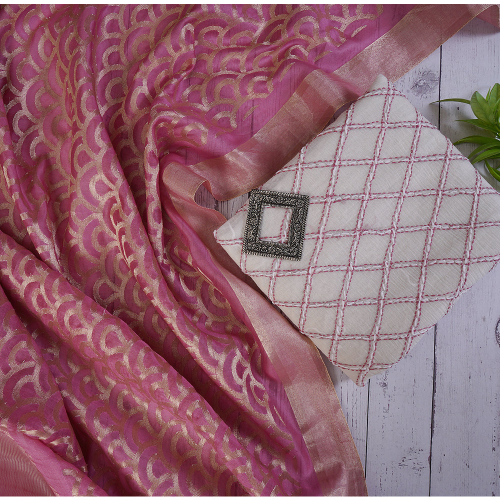 White-Pink Color Embroidered Chanderi Suit With Banarasi Dupatta