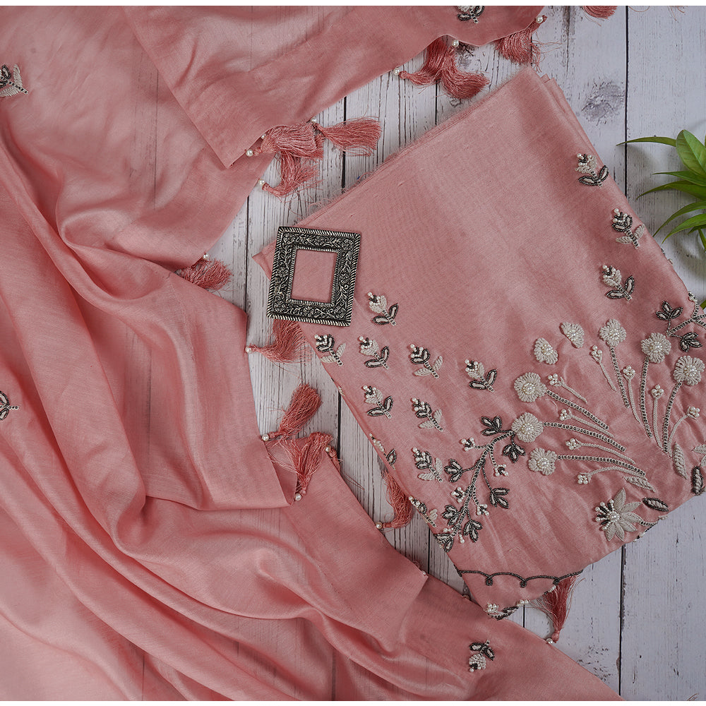 Flamingo Pink Color Hand Embroidered Silk Suit with Chanderi Dupatta