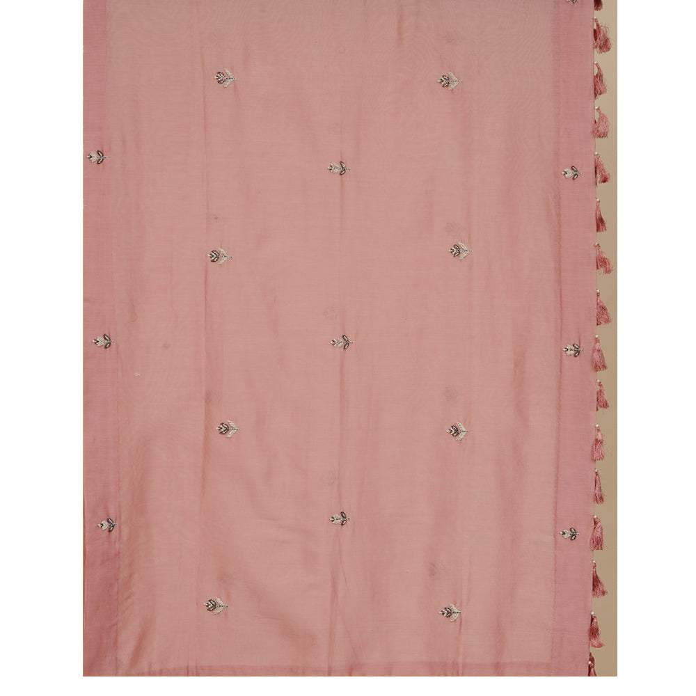 Flamingo Pink Color Hand Embroidered Silk Suit with Chanderi Dupatta