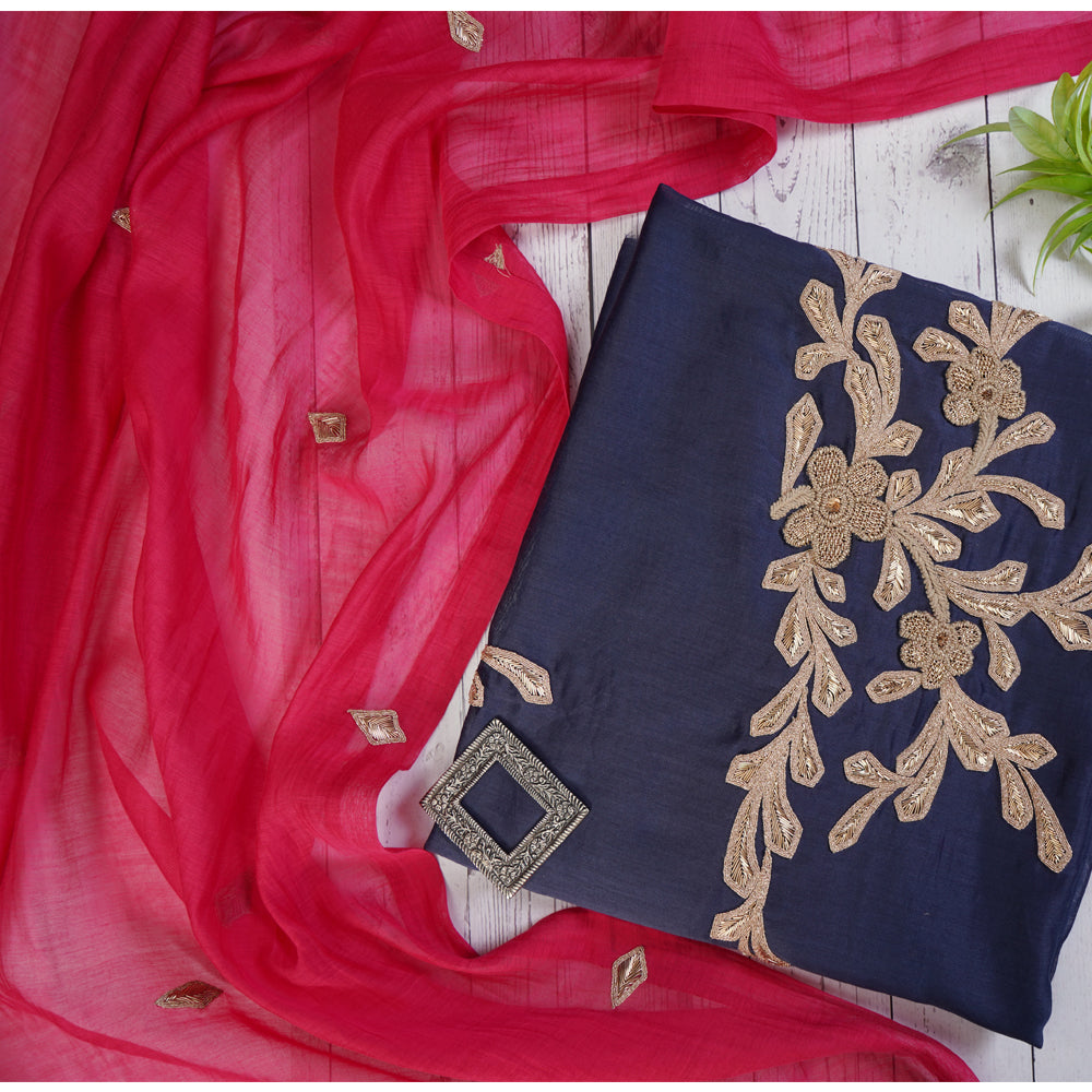 Navy Blue-Red Color Hand Embroidered Silk Suit with Chanderi Dupatta
