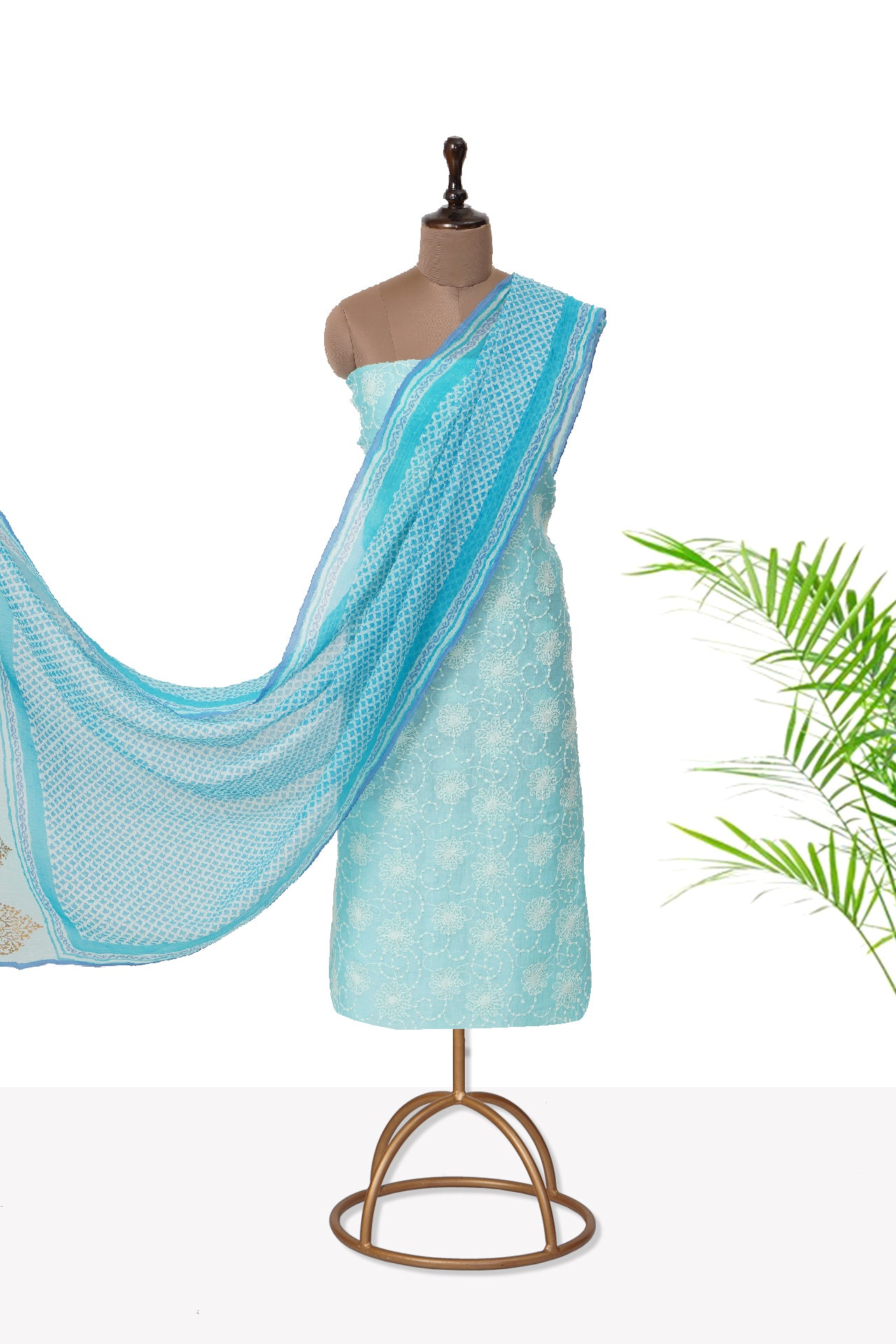 Blue Color Schiffli Embroidered Pure Chanderi Suit Set with Dupatta