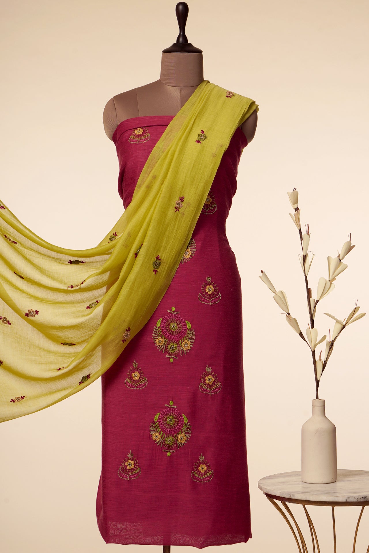 Red-Green Color Hand Embroidered Noile Silk Unstitched Suit Set (Top & Dupatta)