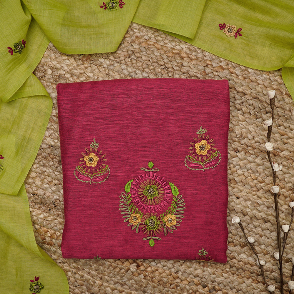 Red-Green Color Hand Embroidered Noile Silk Unstitched Suit Set (Top & Dupatta)