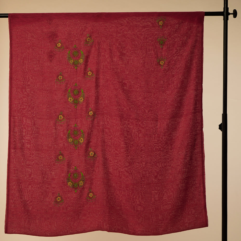 Red-Green Color Hand Embroidered Noile Silk Unstitched Suit Set (Top & Dupatta)