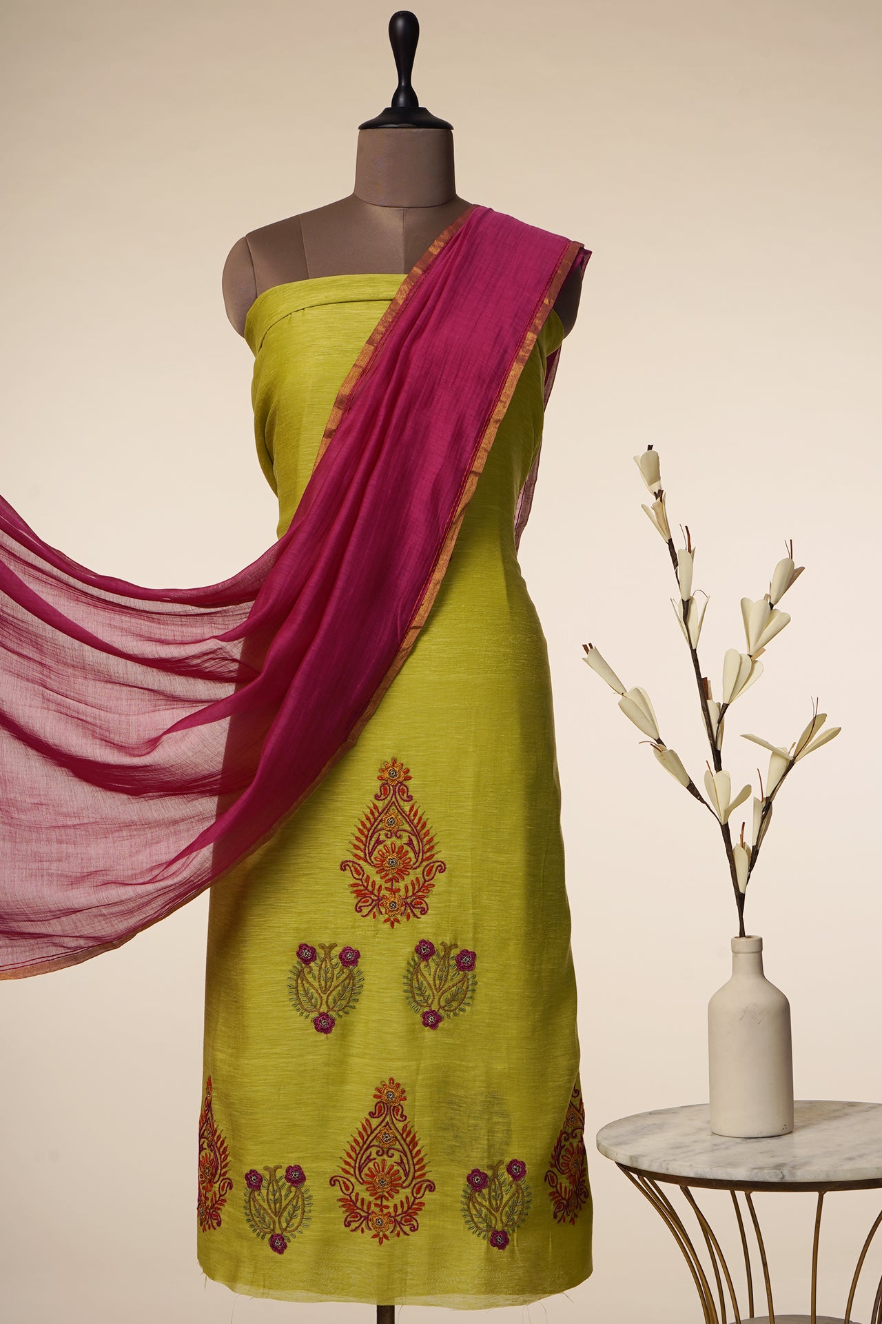 Light Green-Pink Color Hand Embroidered Noile Unstitched Suit Set (Top & Dupatta)