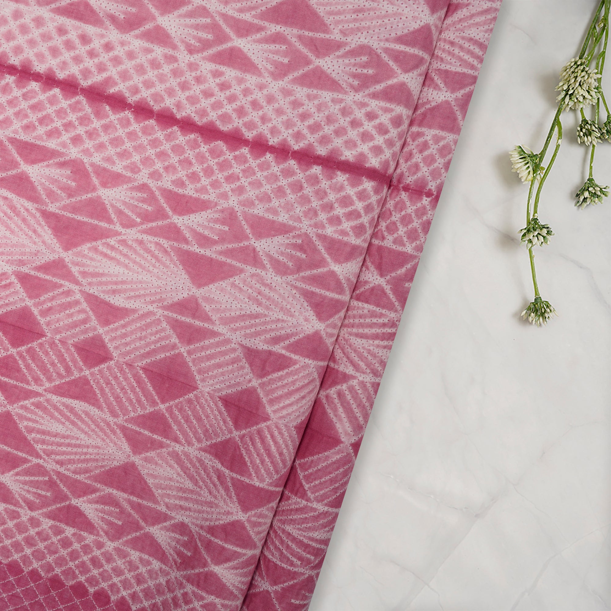 (Pre-Cut 2.80 Mtr) Pink Handcrafted Shibori Pure Cotton Fabric