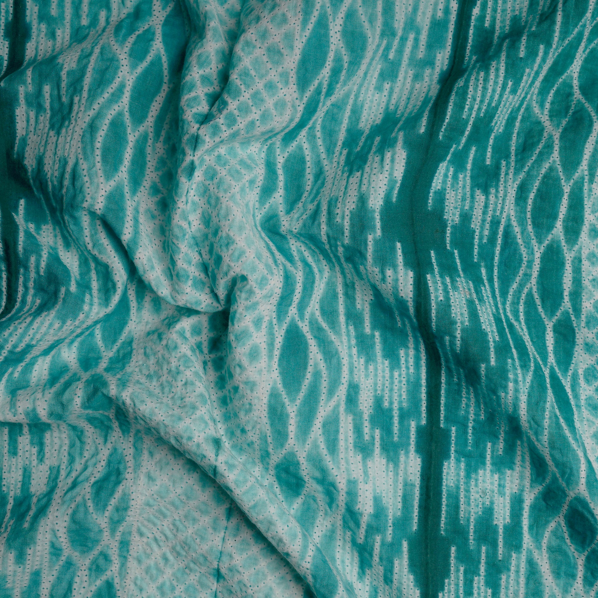 (Pre-Cut 3.00 Mtr) Green Handcrafted Shibori Pure Cotton Fabric