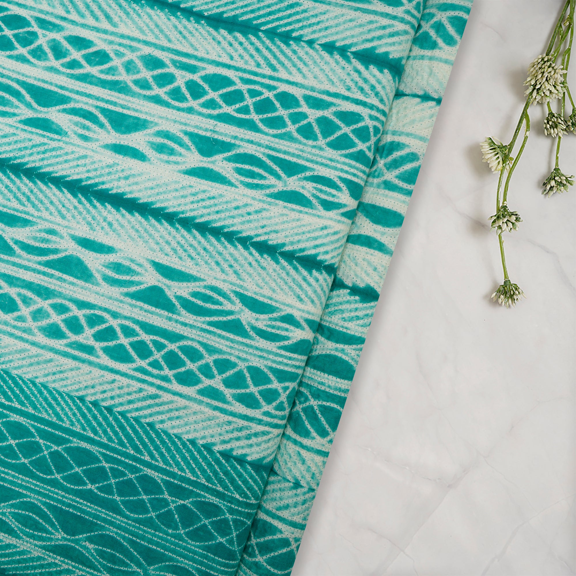 (Pre-Cut 2.80 Mtr) Turquoise Handcrafted Shibori Pure Cotton Fabric