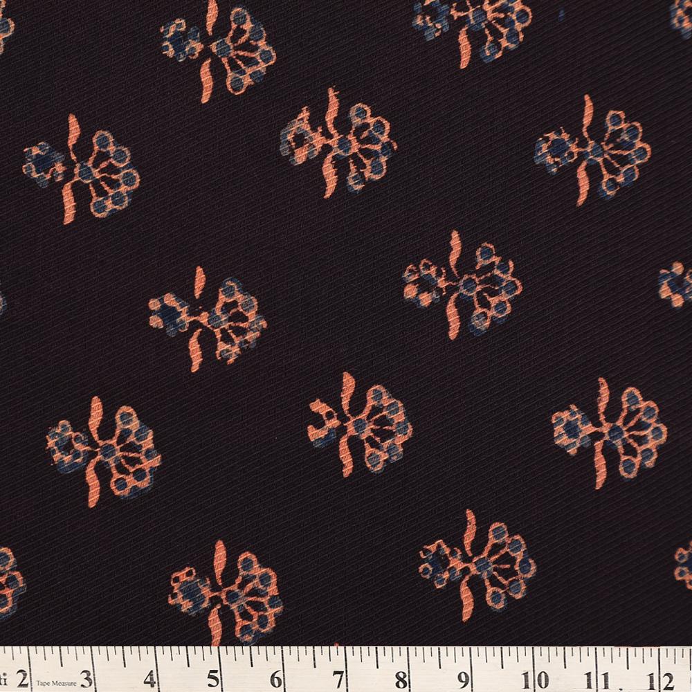 (Pre Cut 2.90 Mtr Piece) Black-Peach Color Handcrafted Ajrak Printed Modal Satin Dobby Fabric