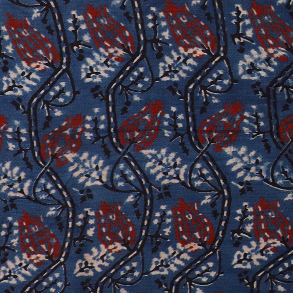 (Pre Cut 2.90 Mtr Piece) Blue-Red Color Handcrafted Ajrak Printed Modal Satin Dobby Fabric