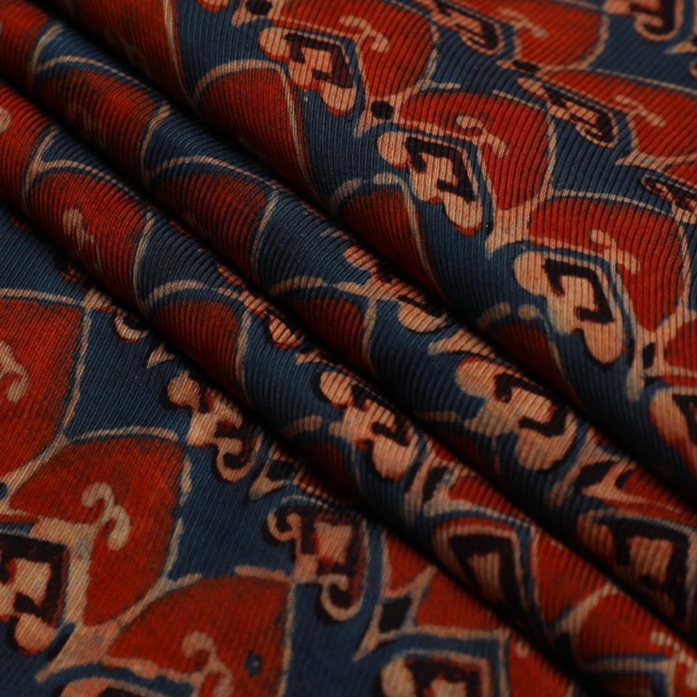 (Pre Cut 2.90 Mtr Piece) Blue-Red Color Handcrafted Ajrak Printed Modal Satin Dobby Fabric