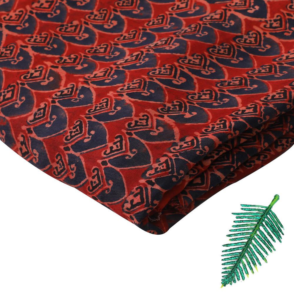 (Pre Cut 2.90 Mtr Piece) Dark Red-Dark Blue Color Handcrafted Ajrak Printed Modal Satin Dobby Fabric