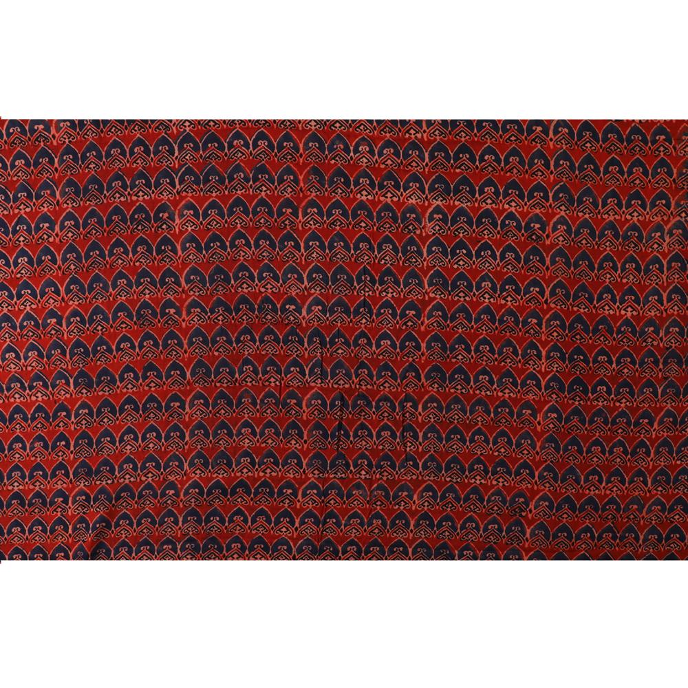 (Pre Cut 2.90 Mtr Piece) Dark Red-Dark Blue Color Handcrafted Ajrak Printed Modal Satin Dobby Fabric
