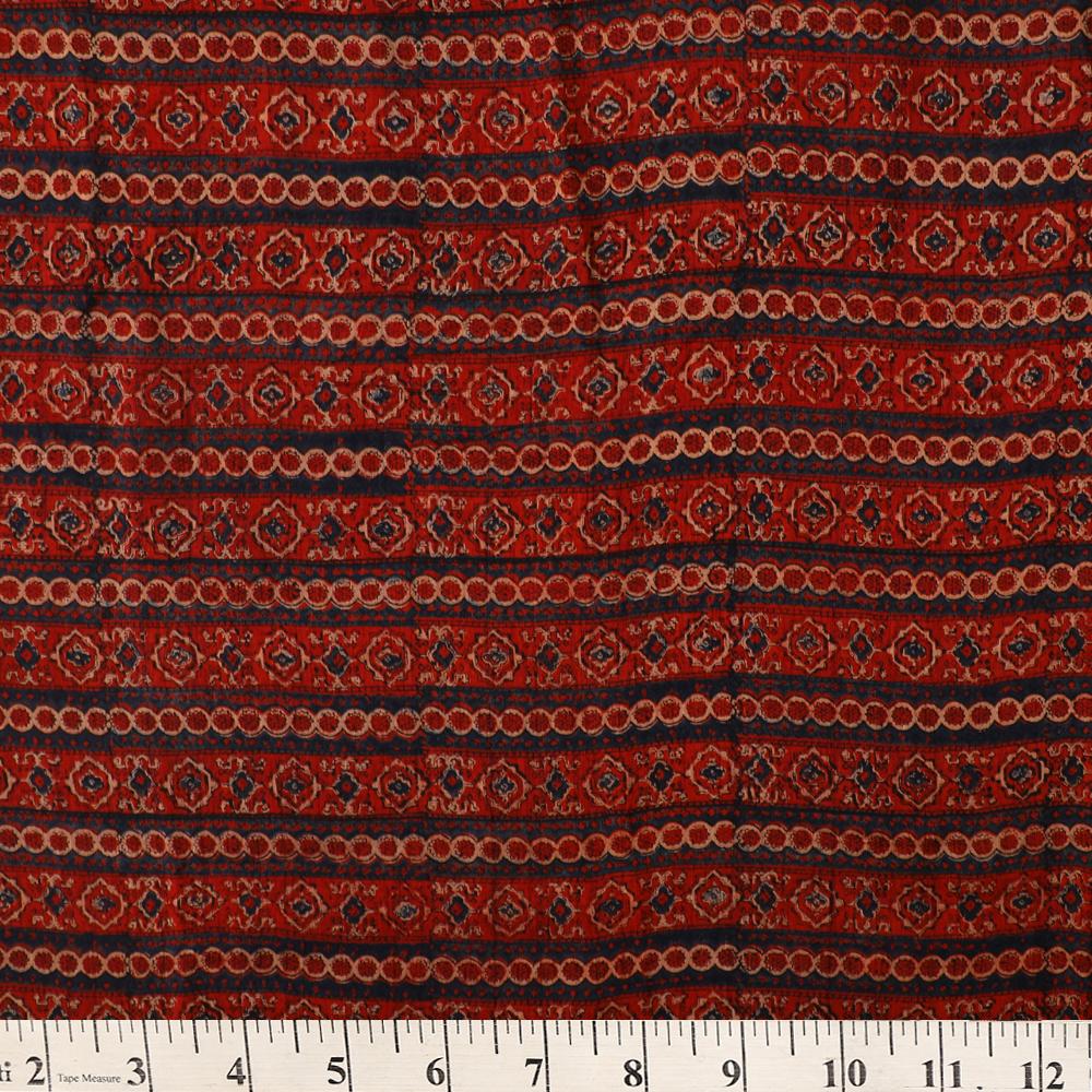 (Pre Cut 3 Mtr Piece) Red-Blue Color Handcrafted Ajrak Printed Modal Satin Dobby Fabric