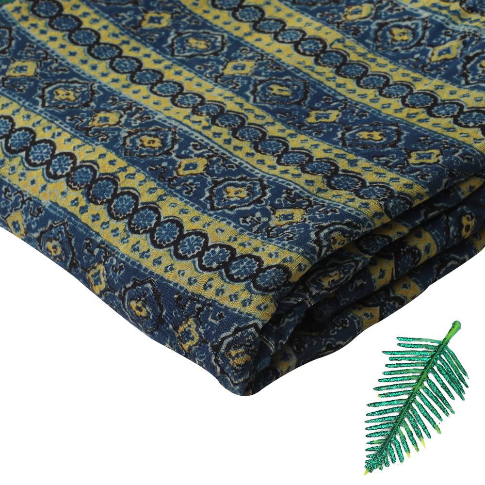 (Pre Cut 3 Mtr Piece) Blue-Green Color Handcrafted Ajrak Printed Modal Satin Dobby Fabric