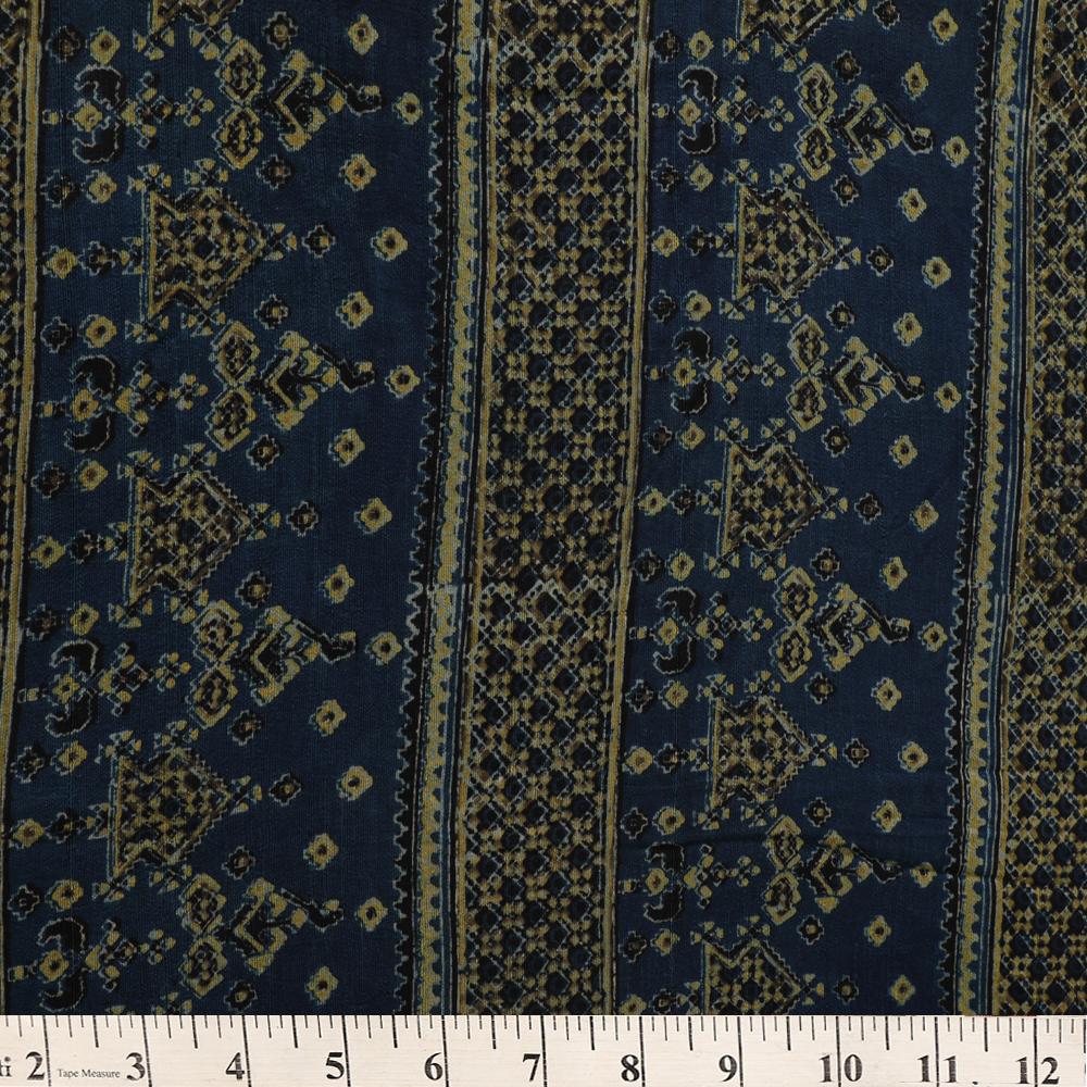 (Pre Cut 3 Mtr Piece) Blue-Green Color Handcrafted Ajrak Printed Modal Satin Dobby Fabric