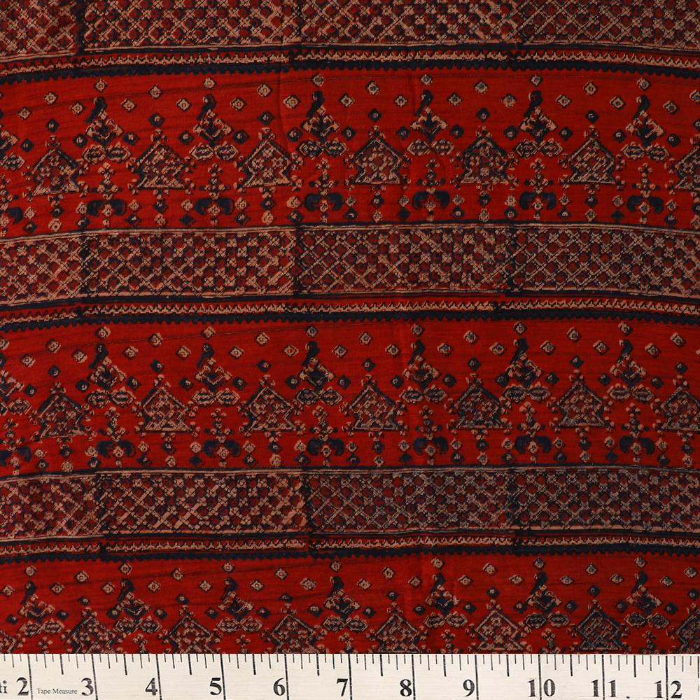 (Pre Cut 3 Mtr Piece) Dark Red Color Handcrafted Ajrak Printed Modal Satin Dobby Fabric