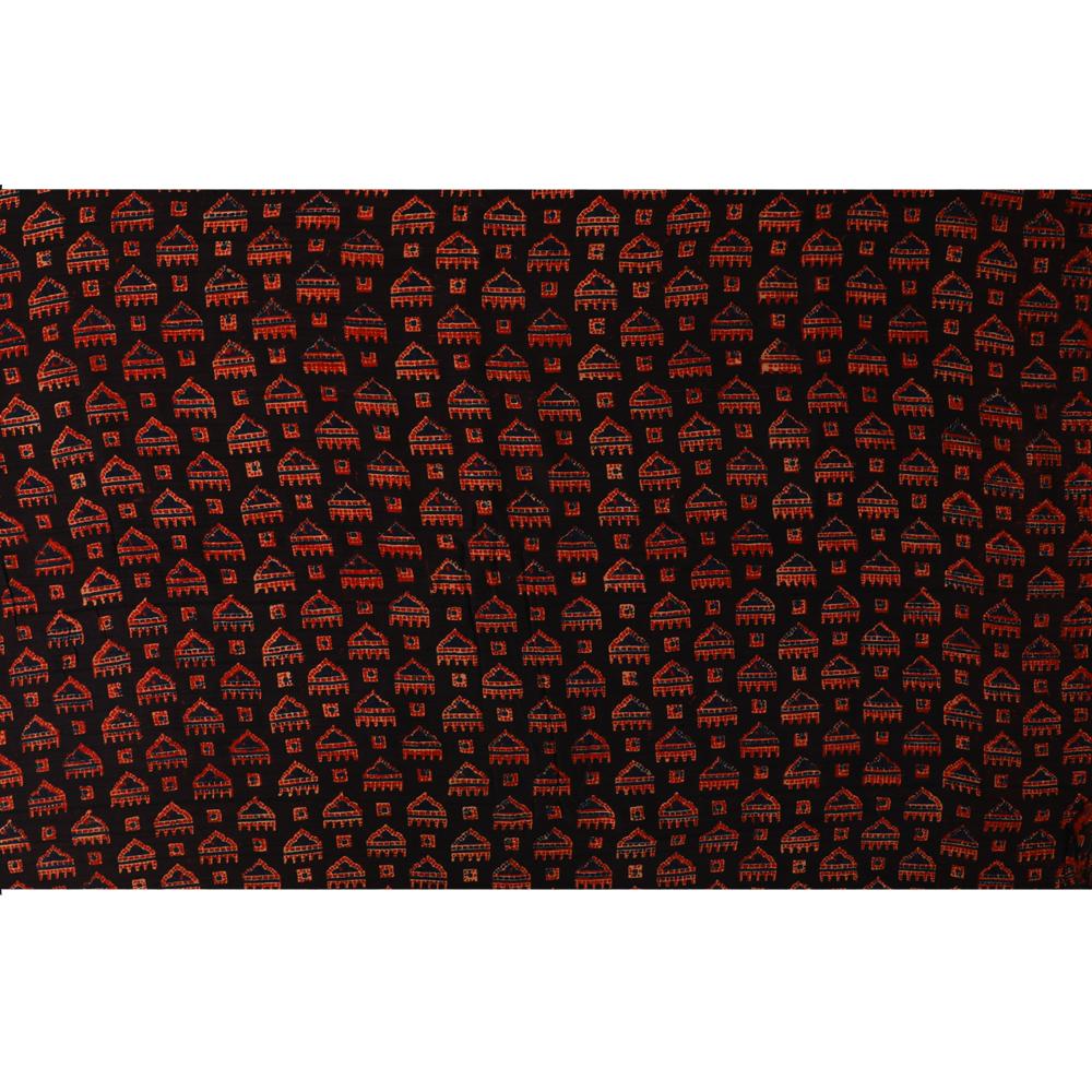 (Pre Cut 3 Mtr Piece) Black-Red Color Handcrafted Ajrak Printed Modal Satin Dobby Fabric