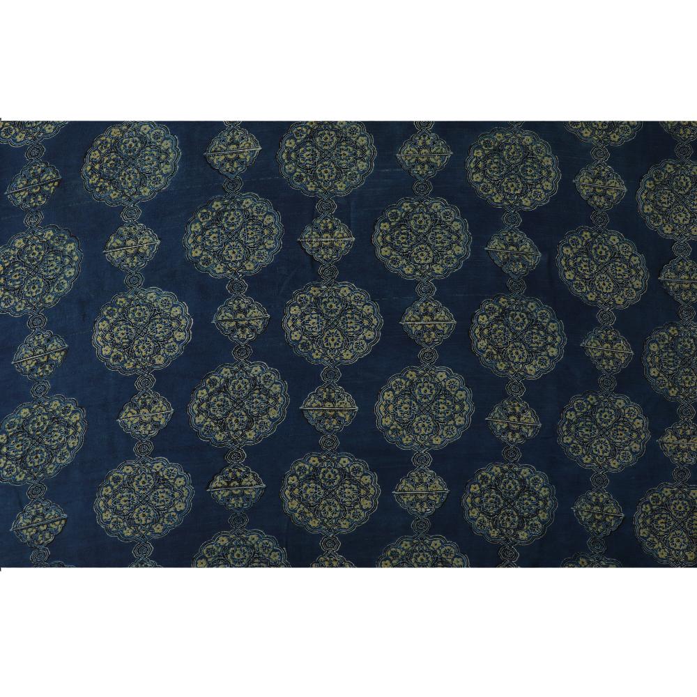 (Pre Cut 3 Mtr Piece) Blue Color Handcrafted Ajrak Printed Modal Satin Dobby Fabric
