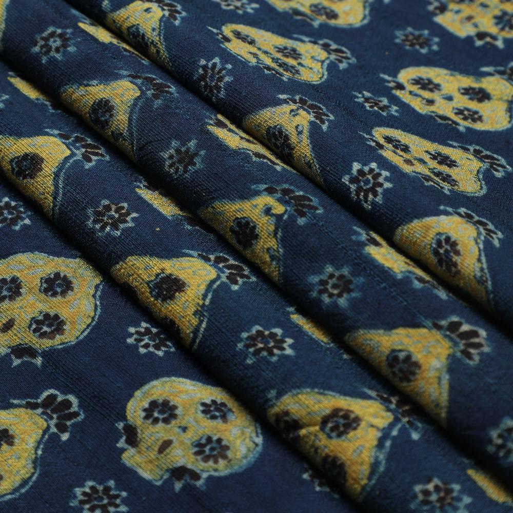 (Pre Cut 3 Mtr Piece) Blue-Yellow Color Handcrafted Ajrak Printed Modal Satin Dobby Fabric
