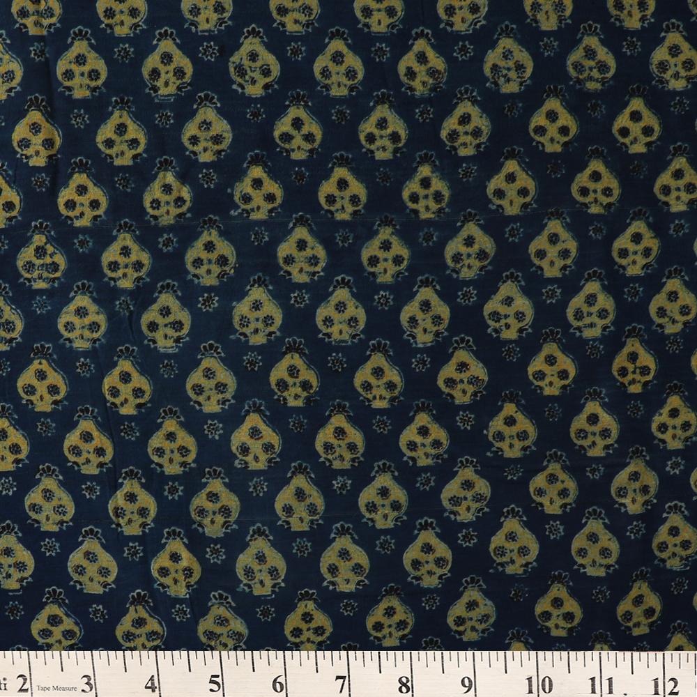 (Pre Cut 3 Mtr Piece) Blue-Yellow Color Handcrafted Ajrak Printed Modal Satin Dobby Fabric