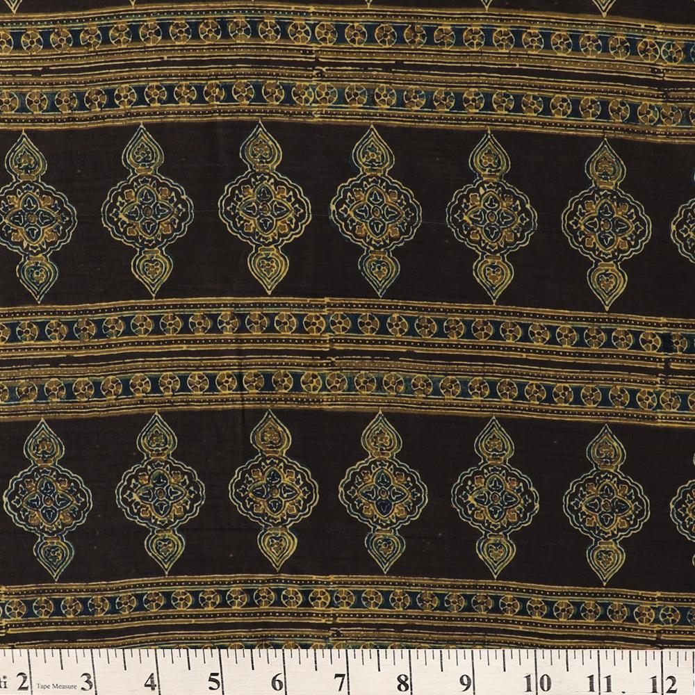 (Pre Cut 2.80 Mtr Peice) Black-Olive Green Color Handcrafted Ajrak Printed Modal Satin Dobby Fabric
