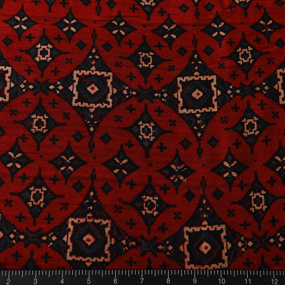 (Pre Cut 3 Mtr Piece) Dark Red-Black Color Handcrafted Ajrak Printed Modal Satin Dobby Fabric