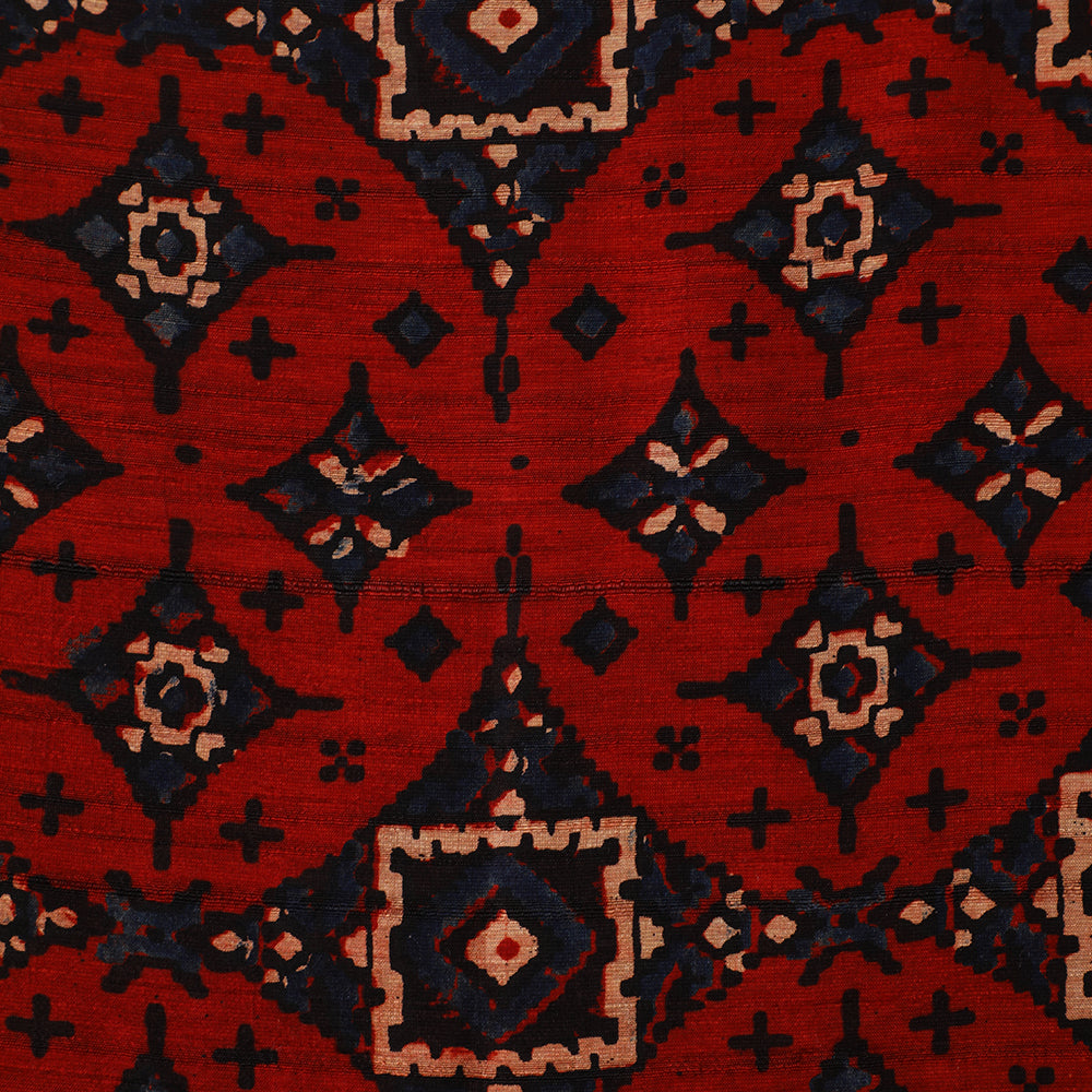 (Pre Cut 3 Mtr Piece) Dark Red-Black Color Handcrafted Ajrak Printed Modal Satin Dobby Fabric