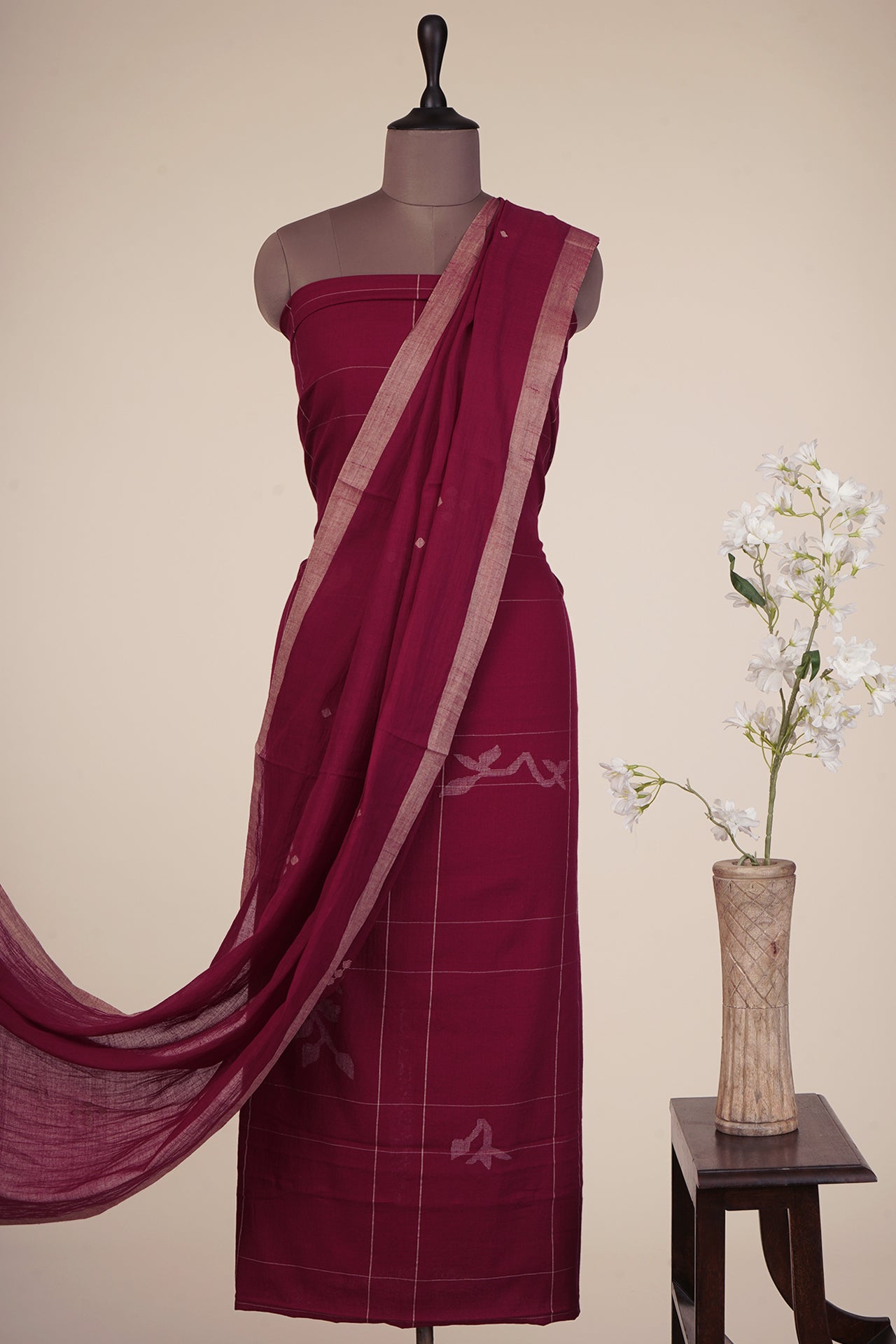 Maroon Color Handwoven Jamdani Cotton Suit Set with Tassel Dupatta