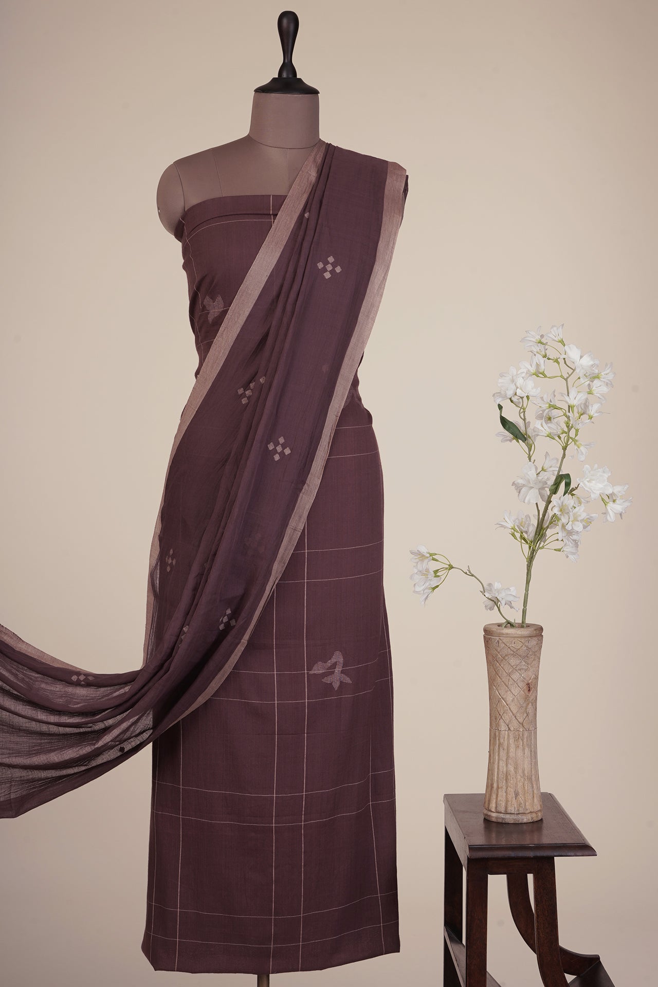 Rose Taupe Color Handwoven Jamdani Cotton Suit Set with Tassel Dupatta