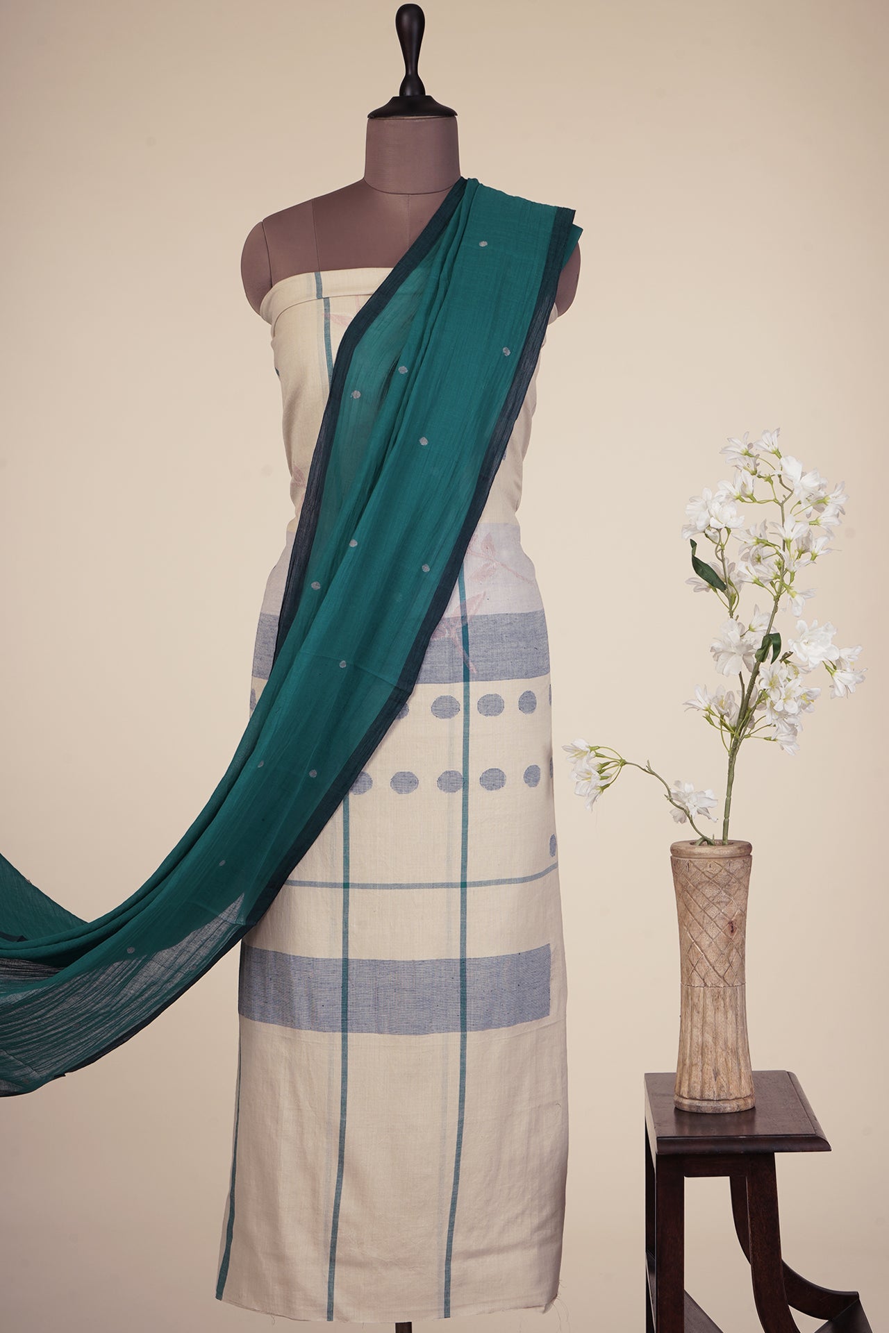 Beige-Green Color Handwoven Jamdani Cotton Suit Set with Tassel Dupatta